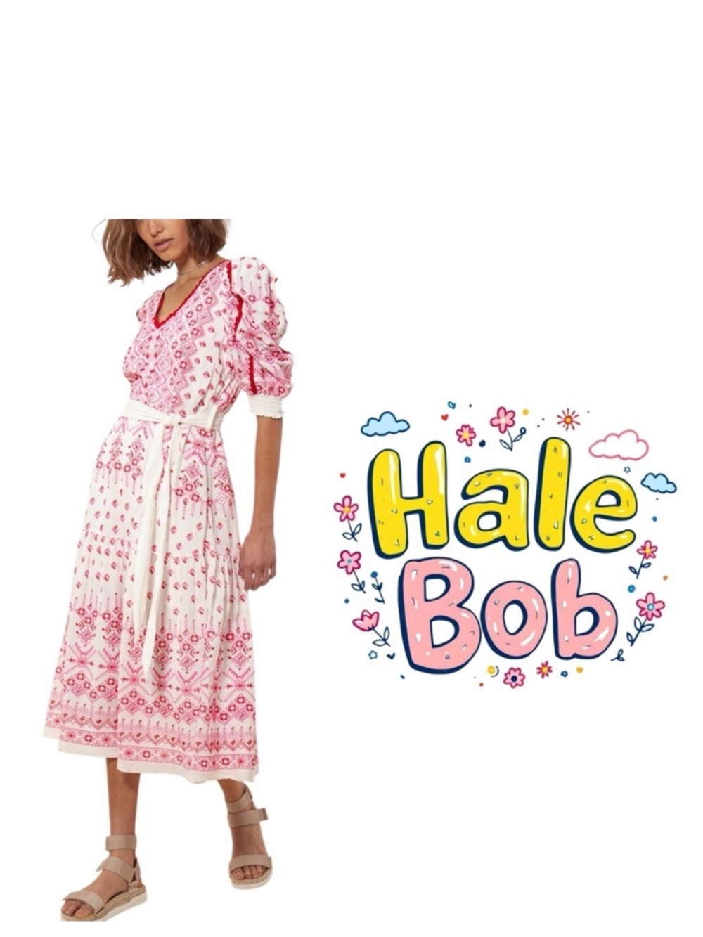 Hale Bob pink and white Logan Embroidered Midi Dress Size Medium